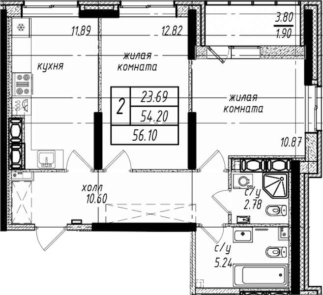 2-комнатная квартира 56.1 м², 24/25 эт., ЖК «Северная Долина»